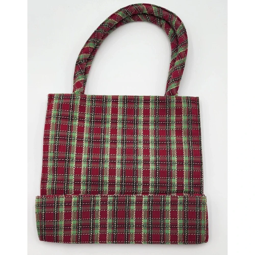 Longaberger Tote Bag Red Green Plaid Snowflake Christmas Holiday Embroidered NEW
